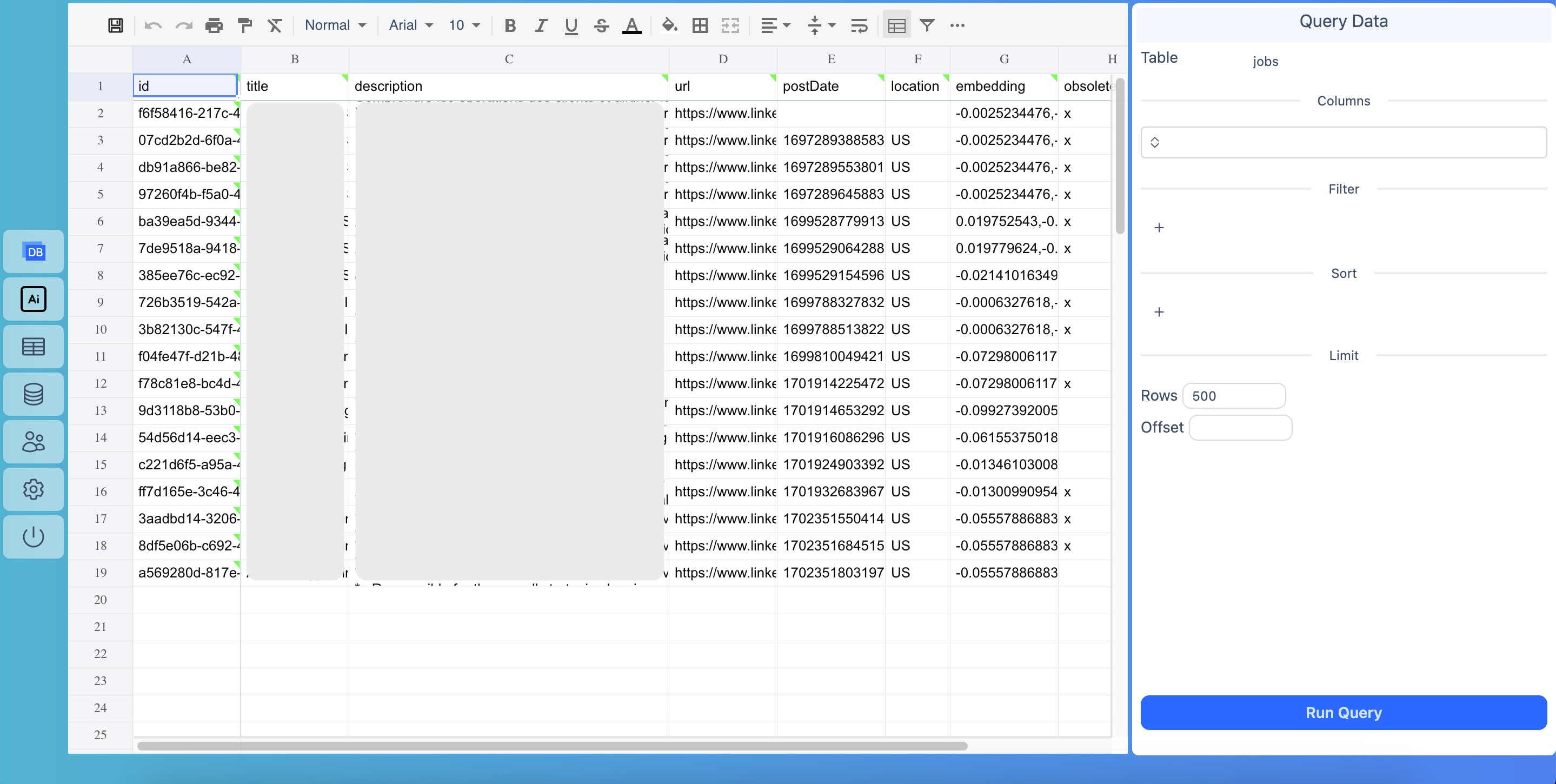 Spreadsheet style database query